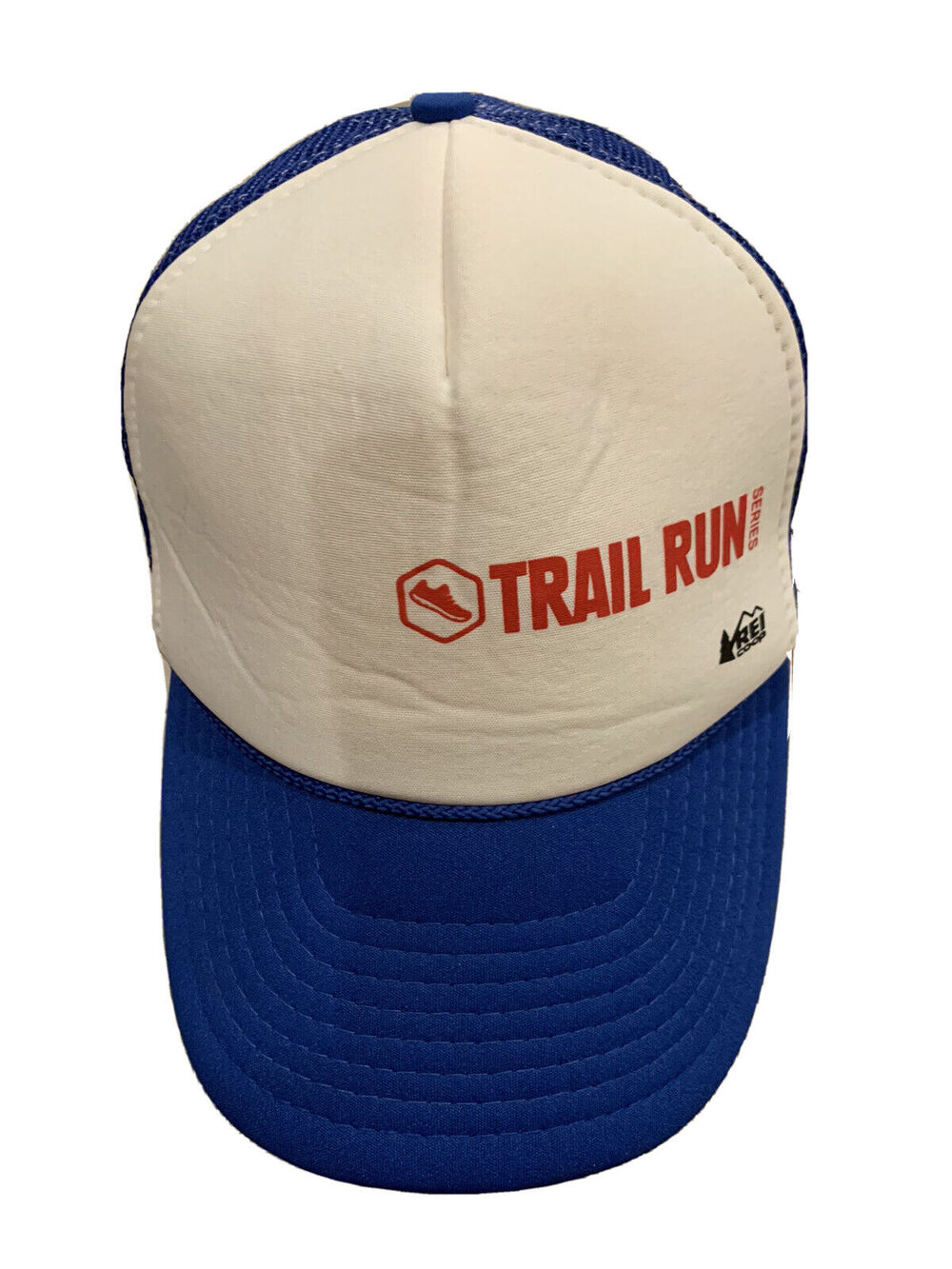 Vtg Nissin REI CO-OP Trail Run Series White Blue Trucker Hat Baseball Cap